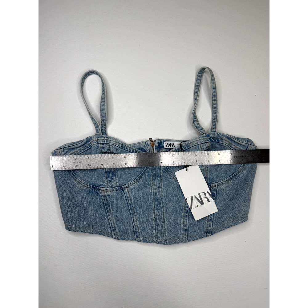 Zara Corset Cropped Top Womens Medium Blue Denim Cotton Back Zip Spaghetti Strap - Picture 4 of 6